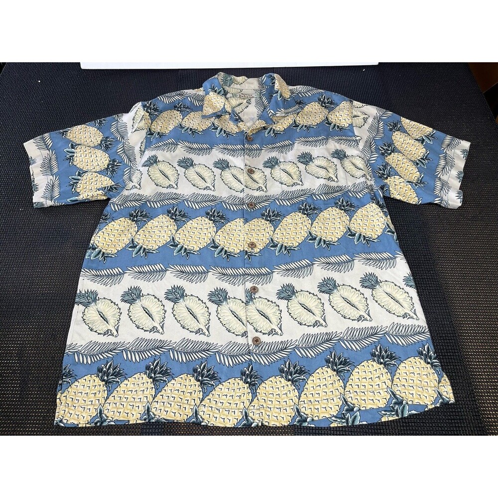 Tommy Bahama Mens Silk Pineapple Tropical Camp Shirt Blue Cream Medium Short Slv